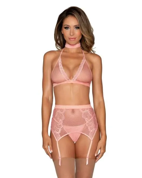 Seductucom Vibrators Fishnet Lace 4pc Set W Stretch Velvet Trim Rose Pink OS Seductucom Vibrators Fishnet Lace 4pc Set W Stretch Velvet Trim Rose Pink OS