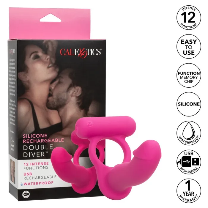 California Exotic Novelties Male Sex Toys Double Diver Rechargeable Silicone Vibrating Cock Ring with Anal Dildo