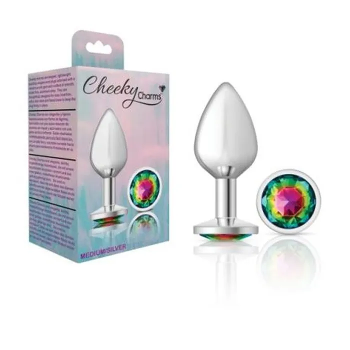 Anal Cheeky Charms Cheeky Charms Silver Round Butt Plug w Rainbow Jewel Medium