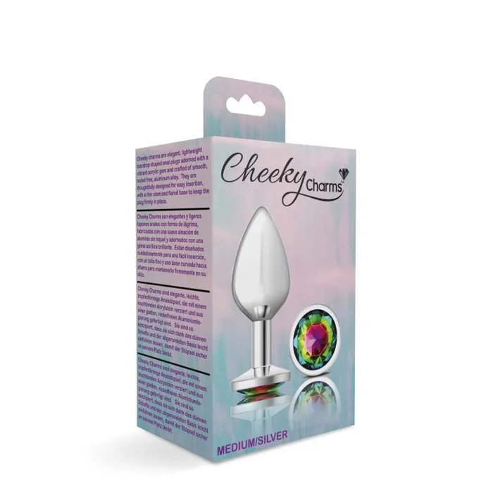 Anal Cheeky Charms Cheeky Charms Silver Round Butt Plug w Rainbow Jewel Medium