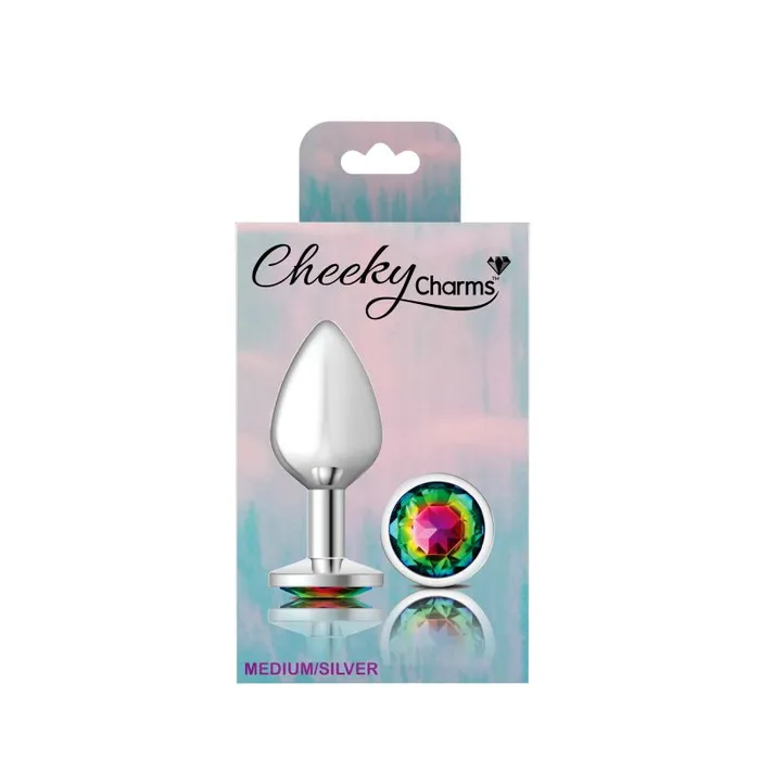 Anal Cheeky Charms Cheeky Charms Silver Round Butt Plug w Rainbow Jewel Medium