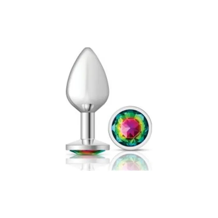 Anal Cheeky Charms Cheeky Charms Silver Round Butt Plug w Rainbow Jewel Medium