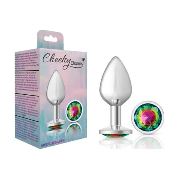 Anal Cheeky Charms Cheeky Charms Silver Round Butt Plug w Rainbow Jewel Medium