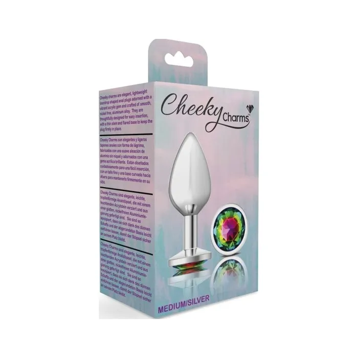 Anal Cheeky Charms Cheeky Charms Silver Round Butt Plug w Rainbow Jewel Medium