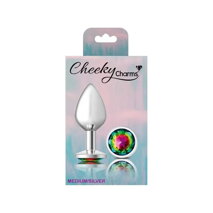 Anal Cheeky Charms Cheeky Charms Silver Round Butt Plug w Rainbow Jewel Medium