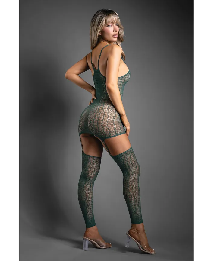 Fantasy Lingerie Bodystockings Playsuits Sheer Wild Heart Reptile Print Bodystocking Dress wAttached Stockings Green OS