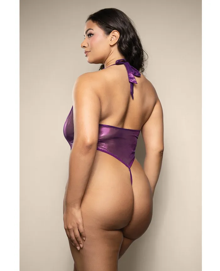 Fantasy Lingerie Vibrators Opulence Shimmer Mesh Halter Teddy wPearl Details Purple QN