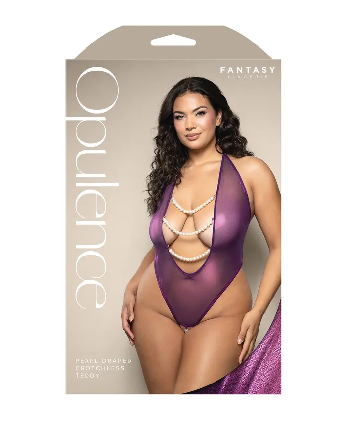 Fantasy Lingerie Vibrators Opulence Shimmer Mesh Halter Teddy wPearl Details Purple QN