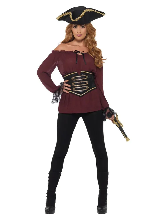 Fever Male Sex Toys Burgundy Deluxe Pirate Shirt With Waist Cincher