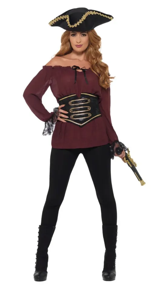 Fever Male Sex Toys Burgundy Deluxe Pirate Shirt With Waist Cincher