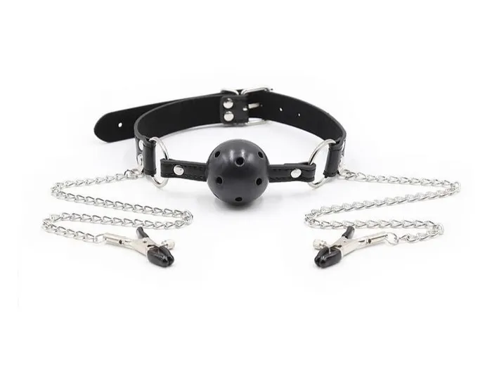 Female Sex Toys Own Pleasures Collar with Gag Nipple Clamps