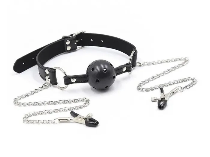 Female Sex Toys Own Pleasures Collar with Gag Nipple Clamps