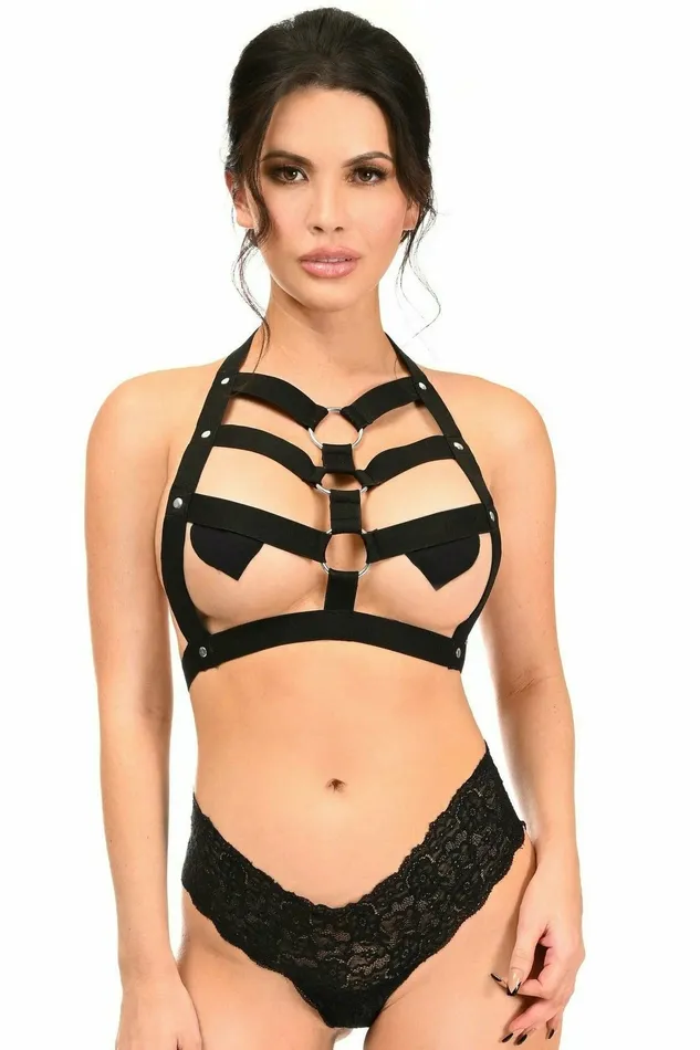 Anal daisy corsets Black Stretchy Body Harness wSilver Hardware