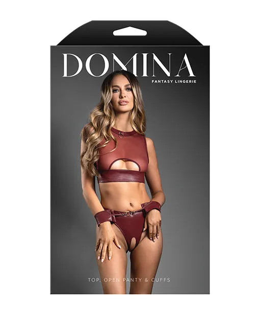 Anal Domina Sheer Mesh Vegan Leather 3 pc Set w Handcuffs Burgundy Fantasy Lingerie