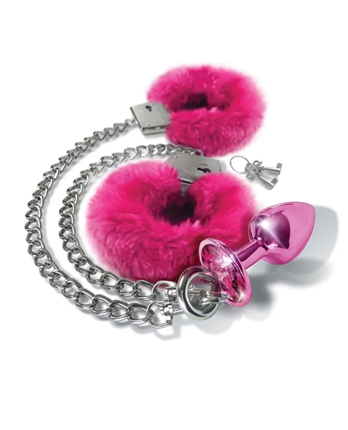 Anal Global Novelties Nixie Metal Butt Plug WInlaid Jewel Fur Cuff Set Pink Metallic