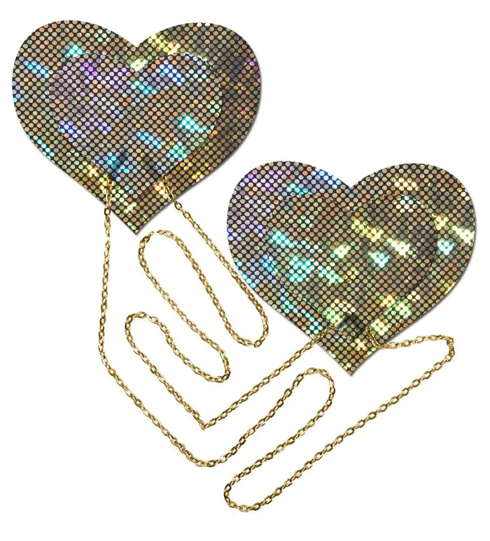 Anal PASTEASE Gold Shattered Disco Ball Heart W Gold Chains Pasties