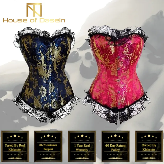 Corsets Blue Red Corset Gold Lace Trim Sexy Lingerie Kink Bdsm Fetish Clothing House of Dasein Vibrators