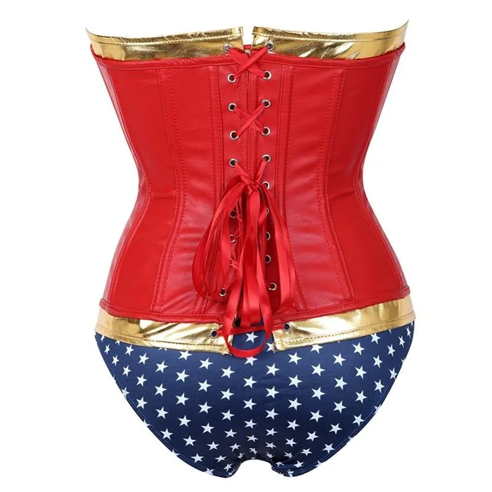 House of Dasein Corsets Wonder Woman Faux Leather Corset Costume With Blue Pants Cosplay Superhero Male Sex Toys