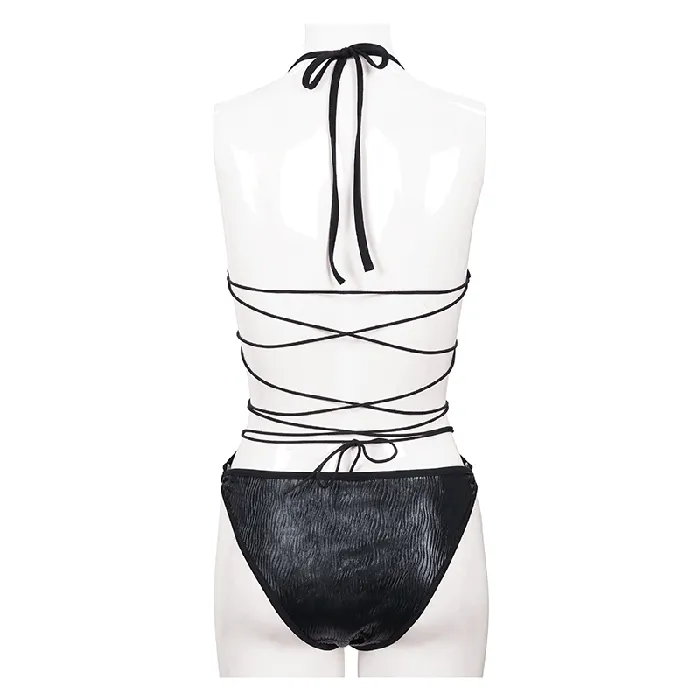 Anal EVEs SECRETS Punk Rock Swimsuit Sling Drawstring Sexy Black CutOut