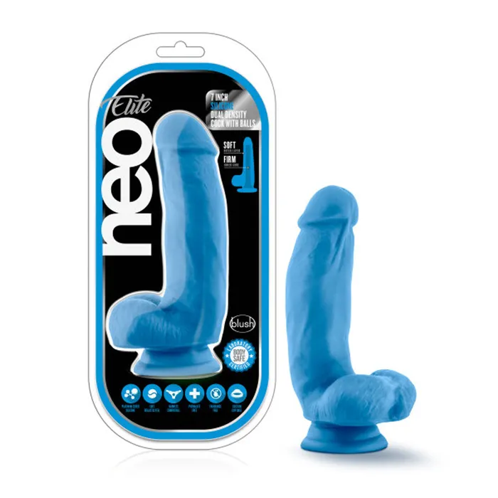 Blush Novelties Neo Elite 7 Inch Silicone Dual Density Cock With Balls Neon Blue Female Sex Toys