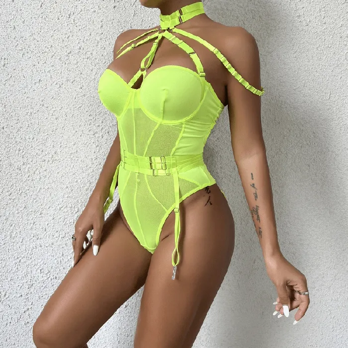 Erotic Female Halter Bodysuit Fancy Transparent Lingerie With Garters Sexy Body Outfits EVEs SECRETS Female Sex Toys