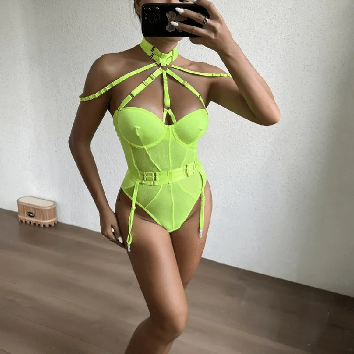 Erotic Female Halter Bodysuit Fancy Transparent Lingerie With Garters Sexy Body Outfits EVEs SECRETS Female Sex Toys