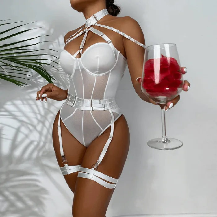 Erotic Female Halter Bodysuit Fancy Transparent Lingerie With Garters Sexy Body Outfits EVEs SECRETS Female Sex Toys