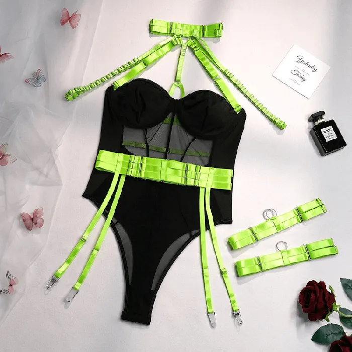 Erotic Female Halter Bodysuit Fancy Transparent Lingerie With Garters Sexy Body Outfits EVEs SECRETS Female Sex Toys