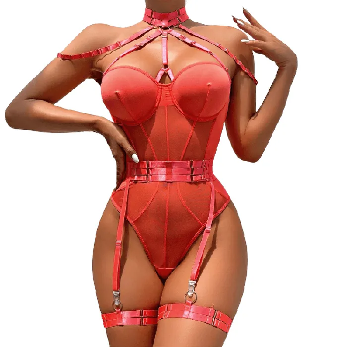 Erotic Female Halter Bodysuit Fancy Transparent Lingerie With Garters Sexy Body Outfits EVEs SECRETS Female Sex Toys