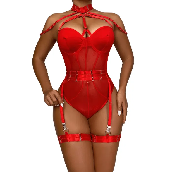 Erotic Female Halter Bodysuit Fancy Transparent Lingerie With Garters Sexy Body Outfits EVEs SECRETS Female Sex Toys