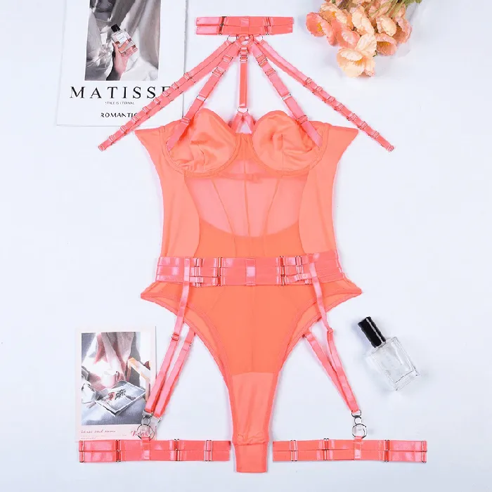 Erotic Female Halter Bodysuit Fancy Transparent Lingerie With Garters Sexy Body Outfits EVEs SECRETS Female Sex Toys