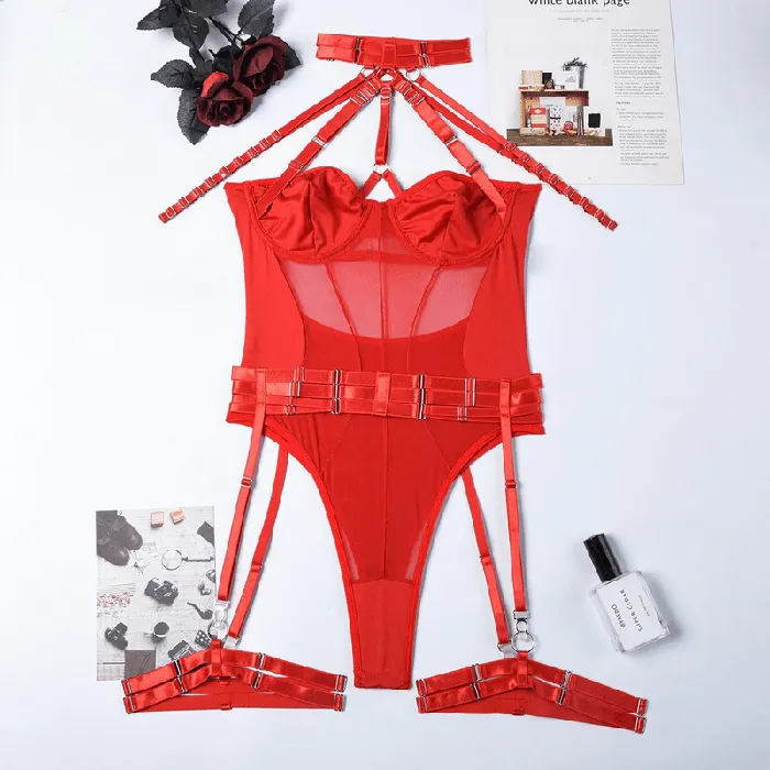 Erotic Female Halter Bodysuit Fancy Transparent Lingerie With Garters Sexy Body Outfits EVEs SECRETS Female Sex Toys