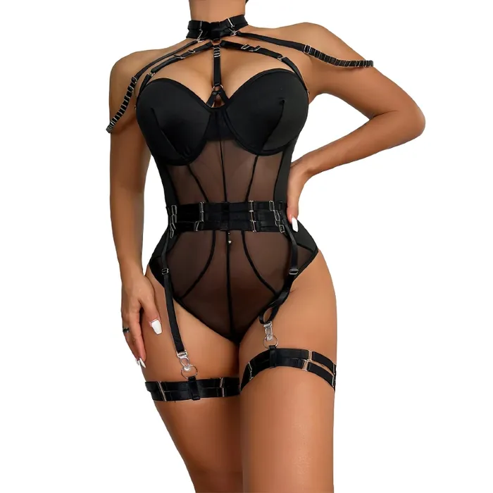 Erotic Female Halter Bodysuit Fancy Transparent Lingerie With Garters Sexy Body Outfits EVEs SECRETS Female Sex Toys