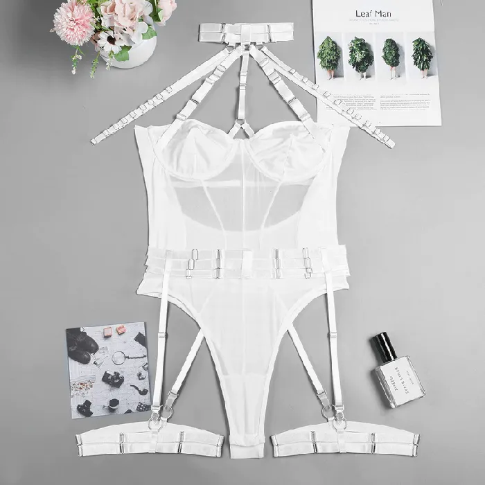 Erotic Female Halter Bodysuit Fancy Transparent Lingerie With Garters Sexy Body Outfits EVEs SECRETS Female Sex Toys
