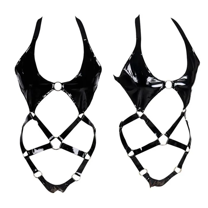 EVEs SECRETS Female Sex Toys Open Butt Women Bodysuit Wet Look Patent Leather Body Harness Fetish Role Play Costume