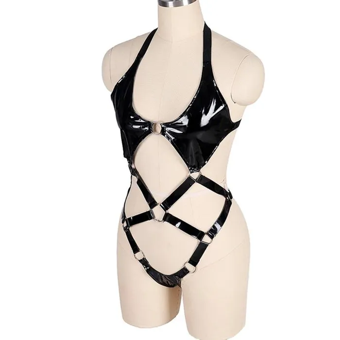 EVEs SECRETS Female Sex Toys Open Butt Women Bodysuit Wet Look Patent Leather Body Harness Fetish Role Play Costume