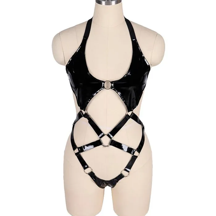 EVEs SECRETS Female Sex Toys Open Butt Women Bodysuit Wet Look Patent Leather Body Harness Fetish Role Play Costume