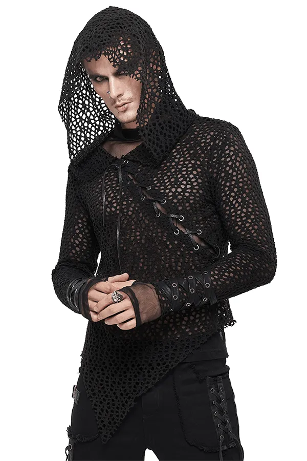 EVEs SECRETS Male Sex Toys Gothic Hooded Net Top Lace Mesh Long Sleeve Top for Men