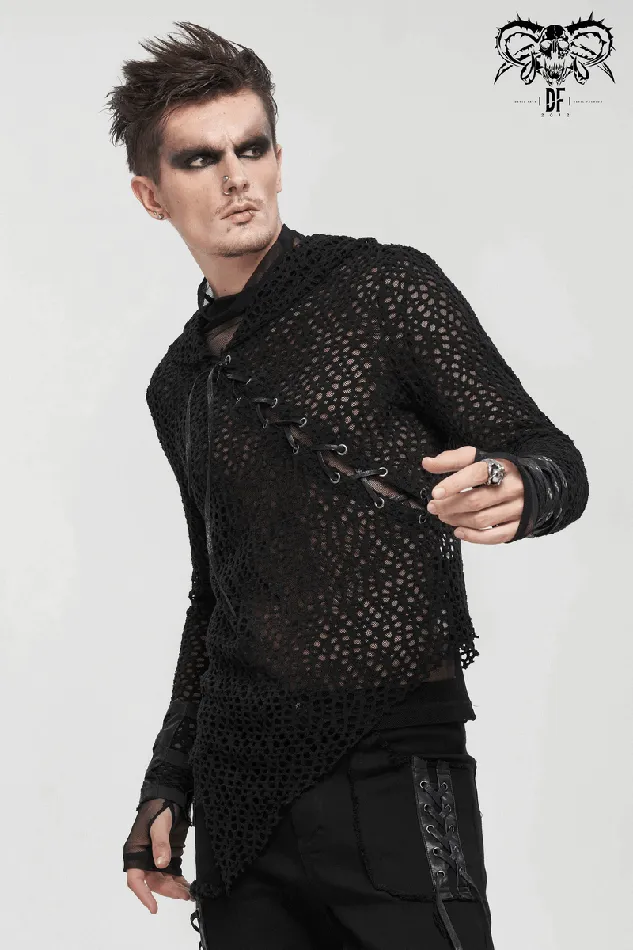 EVEs SECRETS Male Sex Toys Gothic Hooded Net Top Lace Mesh Long Sleeve Top for Men