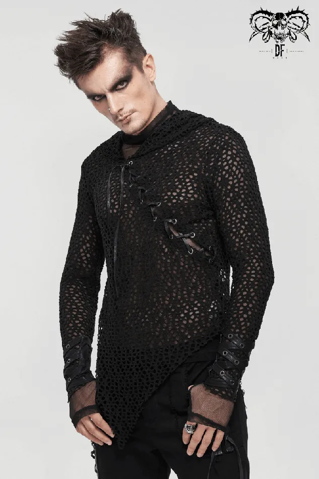 EVEs SECRETS Male Sex Toys Gothic Hooded Net Top Lace Mesh Long Sleeve Top for Men