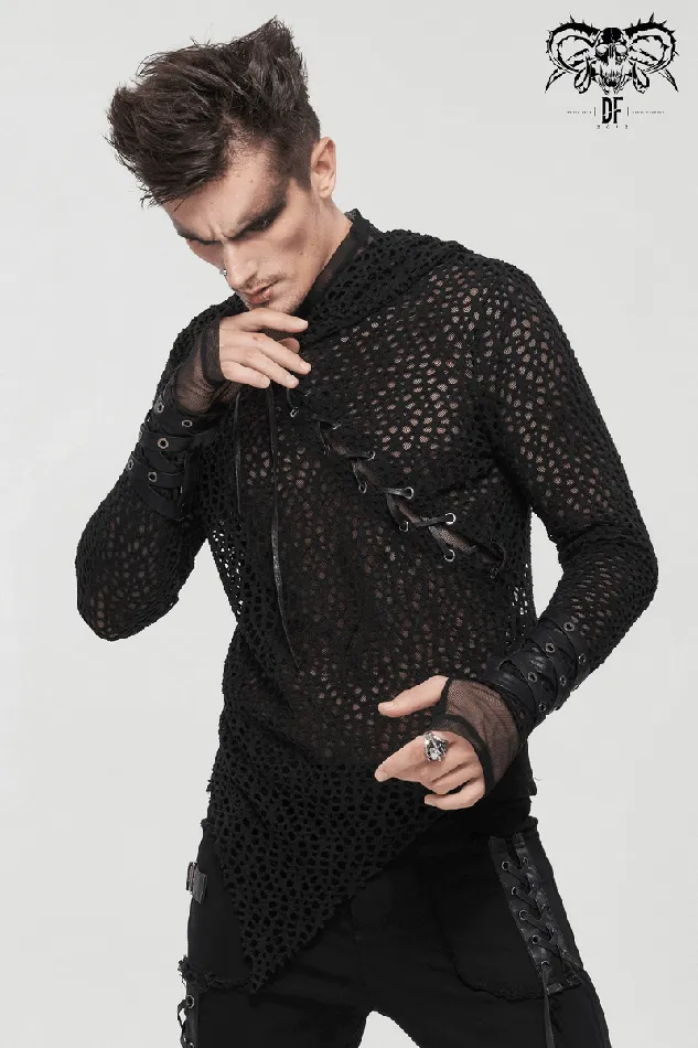 EVEs SECRETS Male Sex Toys Gothic Hooded Net Top Lace Mesh Long Sleeve Top for Men
