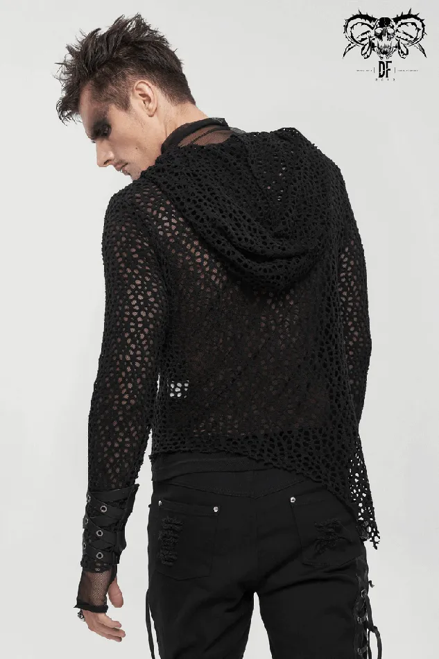 EVEs SECRETS Male Sex Toys Gothic Hooded Net Top Lace Mesh Long Sleeve Top for Men