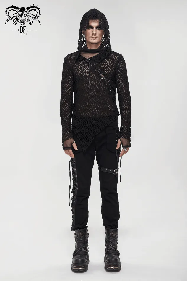 EVEs SECRETS Male Sex Toys Gothic Hooded Net Top Lace Mesh Long Sleeve Top for Men