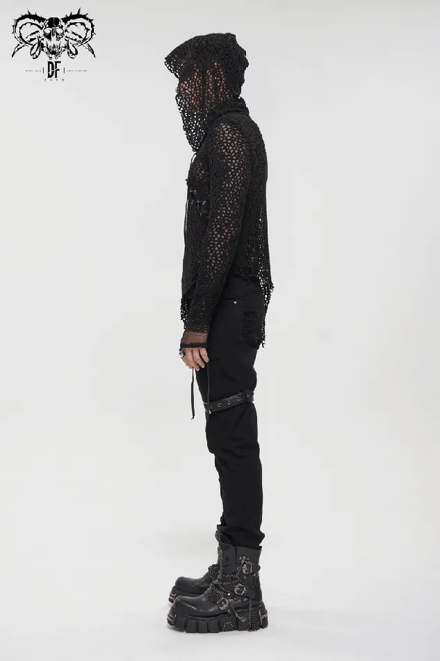 EVEs SECRETS Male Sex Toys Gothic Hooded Net Top Lace Mesh Long Sleeve Top for Men