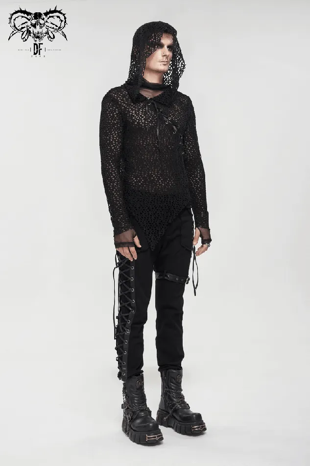 EVEs SECRETS Male Sex Toys Gothic Hooded Net Top Lace Mesh Long Sleeve Top for Men