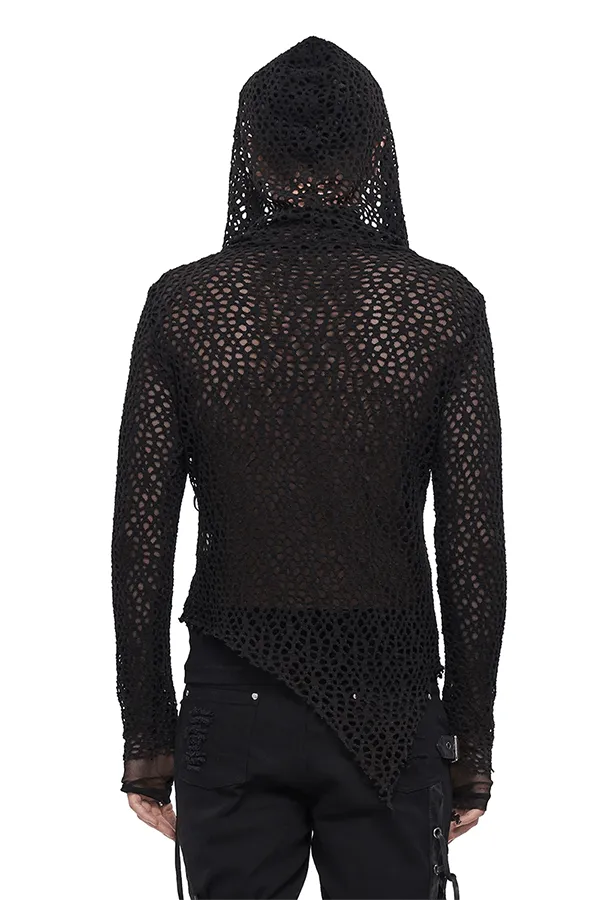 EVEs SECRETS Male Sex Toys Gothic Hooded Net Top Lace Mesh Long Sleeve Top for Men