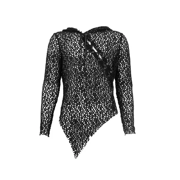 EVEs SECRETS Male Sex Toys Gothic Hooded Net Top Lace Mesh Long Sleeve Top for Men