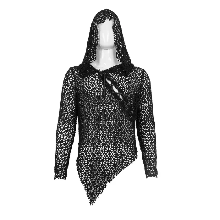 EVEs SECRETS Male Sex Toys Gothic Hooded Net Top Lace Mesh Long Sleeve Top for Men