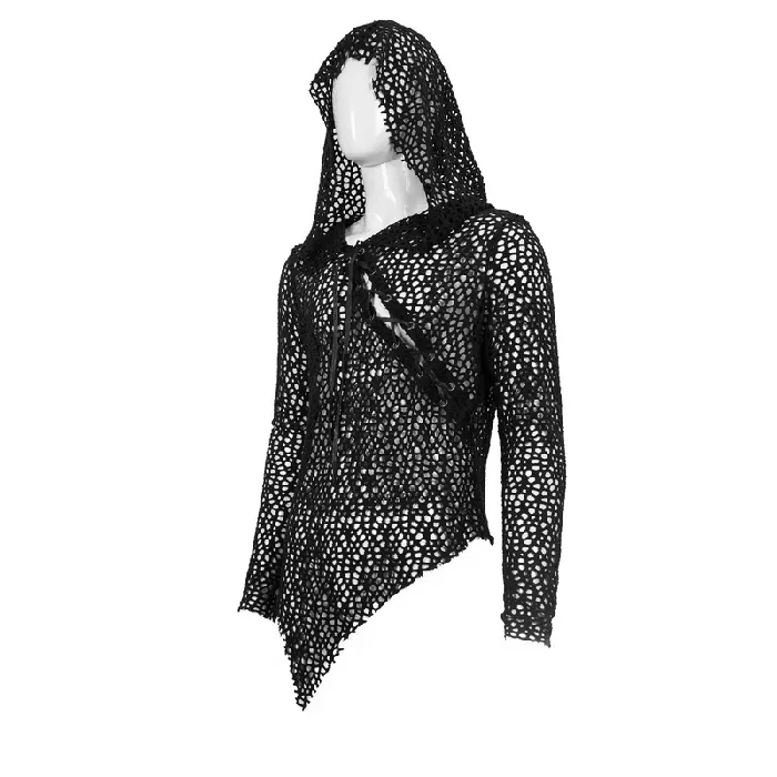 EVEs SECRETS Male Sex Toys Gothic Hooded Net Top Lace Mesh Long Sleeve Top for Men