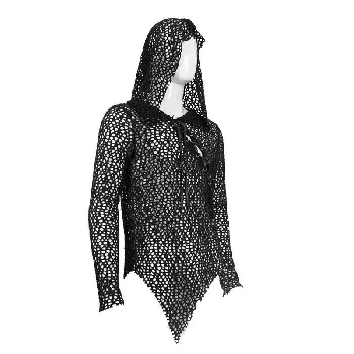EVEs SECRETS Male Sex Toys Gothic Hooded Net Top Lace Mesh Long Sleeve Top for Men